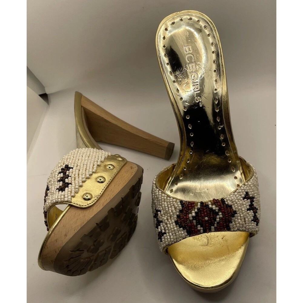 BCBG Beaded  Gold Vintage Y2K Woden Platform Heels Size 7 - Picture 3 of 6
